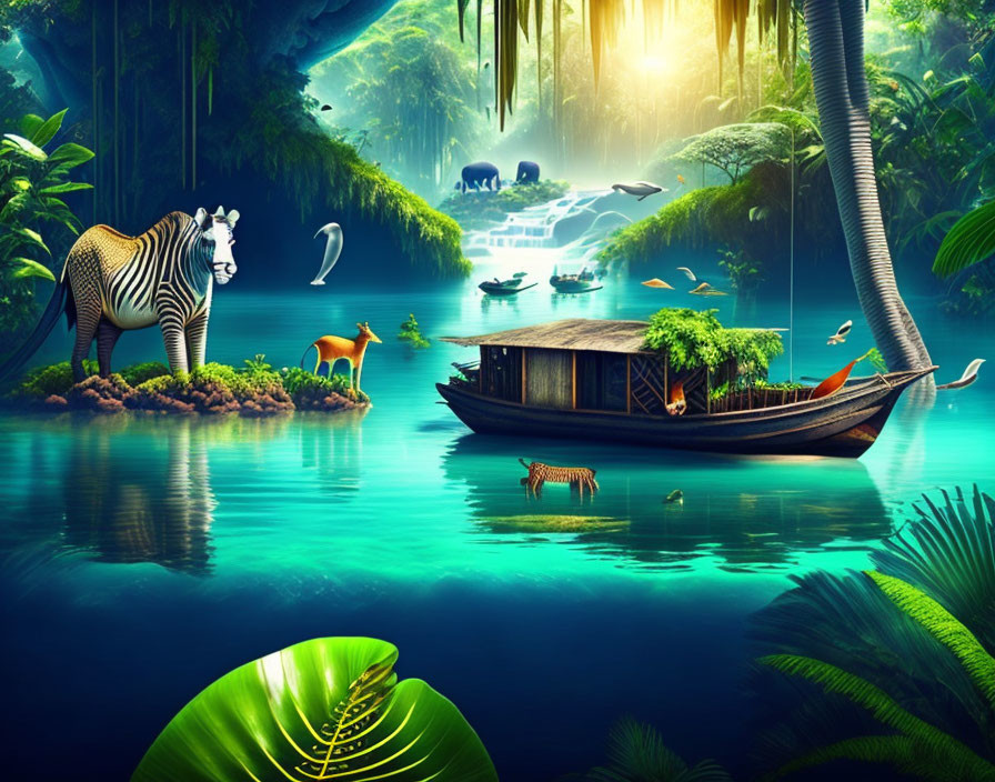 Vibrant jungle scene with boat, zebra, and animals in serene setting