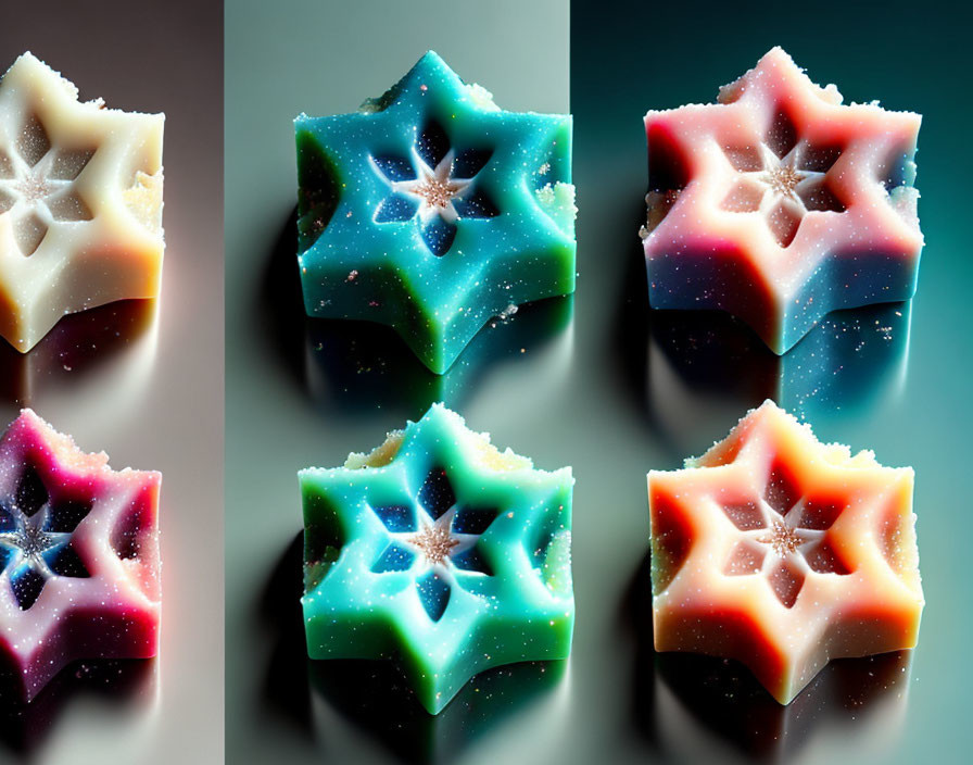 Vibrant star-shaped wax candles with cosmic glitter on dark background