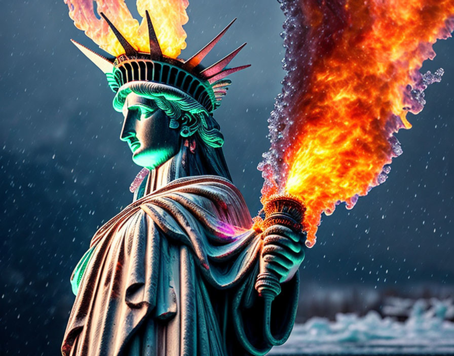 Neon Statue of Liberty with Flaming Torch in Snowy Scene