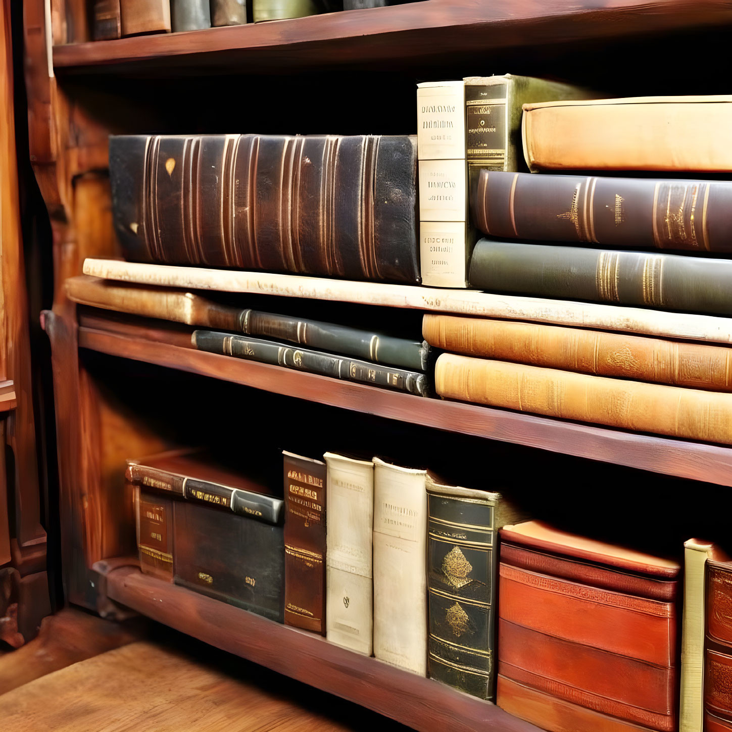 Wooden bookshelf with old leather-bound books in brown and black with gold lettering