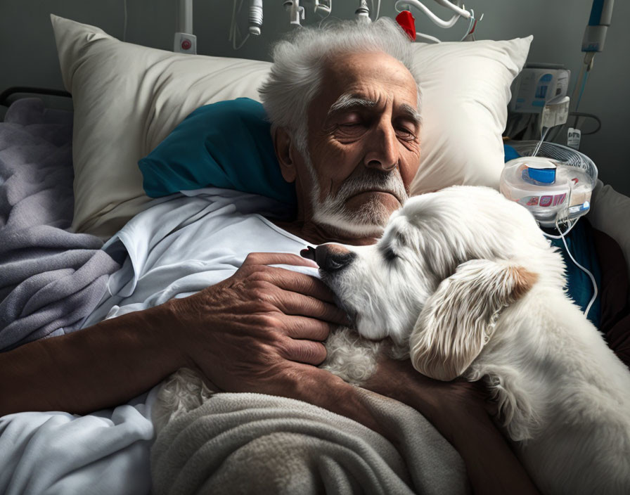 Elderly man in hospital bed with white dog resting on chest