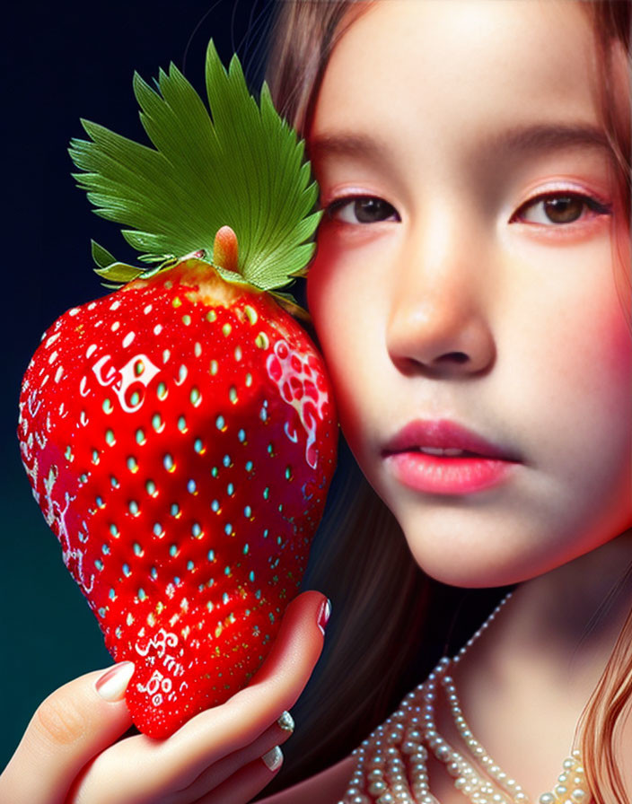 Fair-skinned girl holding ripe strawberry against dark background