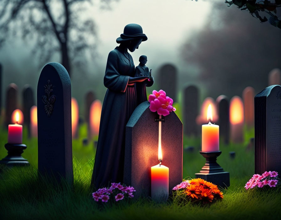 Twilight scene: Woman statue with child at candle-lit gravesite