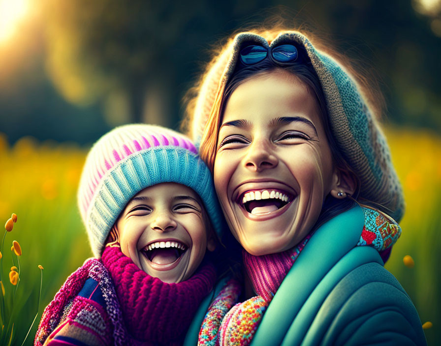 Two girls hugging in sunlit field with flowers in winter attire