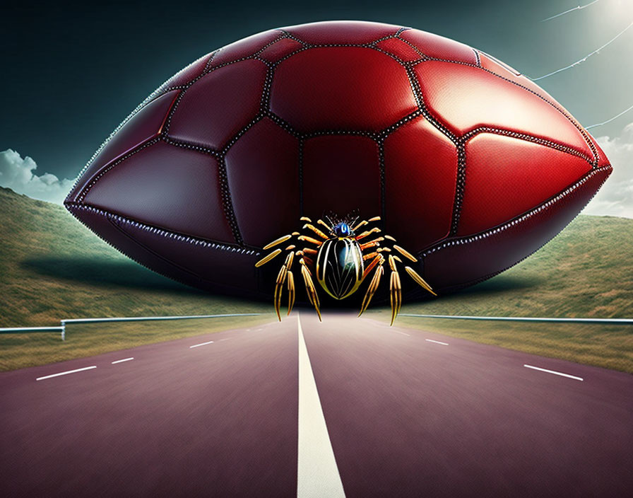 Giant Soccer Ball with Spider Features in Surreal Landscape