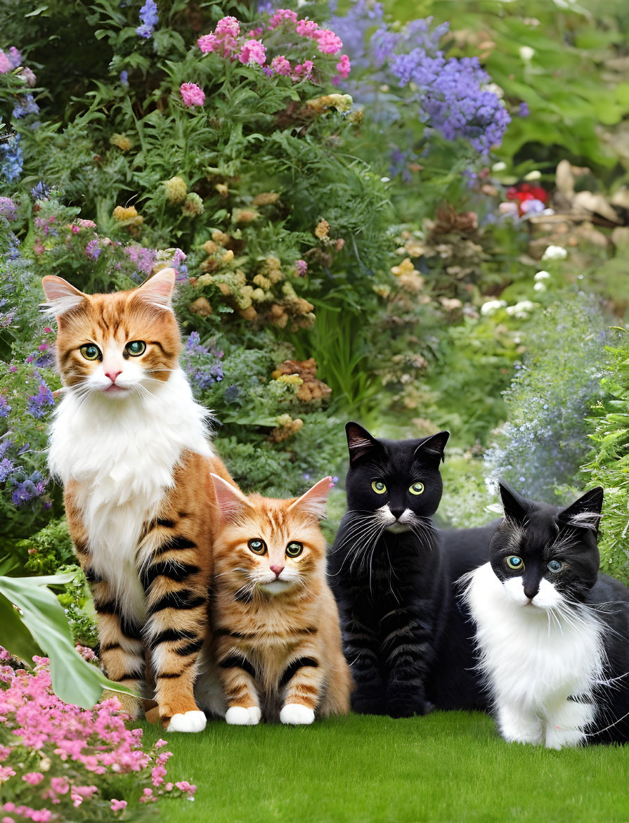 Four cats with varied fur patterns in vibrant garden setting.