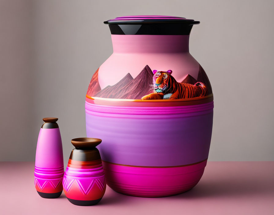 Colorful Tiger and Mountain Design Vase with Geometric Patterned Vases