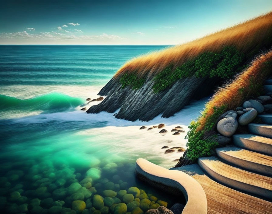 Scenic coastal landscape with layered rocks, green shrubs, golden grass, and azure sea