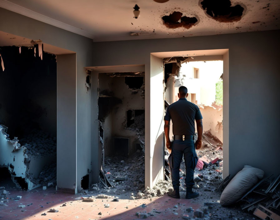 Person in Charred Building with Debris and Sunlight