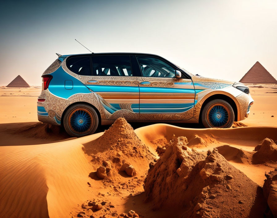 Decorated SUV parked in desert with pyramids under clear sky