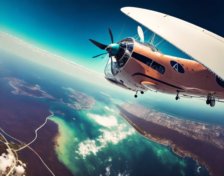 Vintage propeller aircraft flying over coastal landscape with clear blue skies and ocean view.