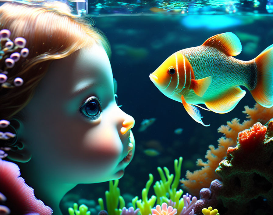 Child observing vibrant orange fish near coral in underwater scene