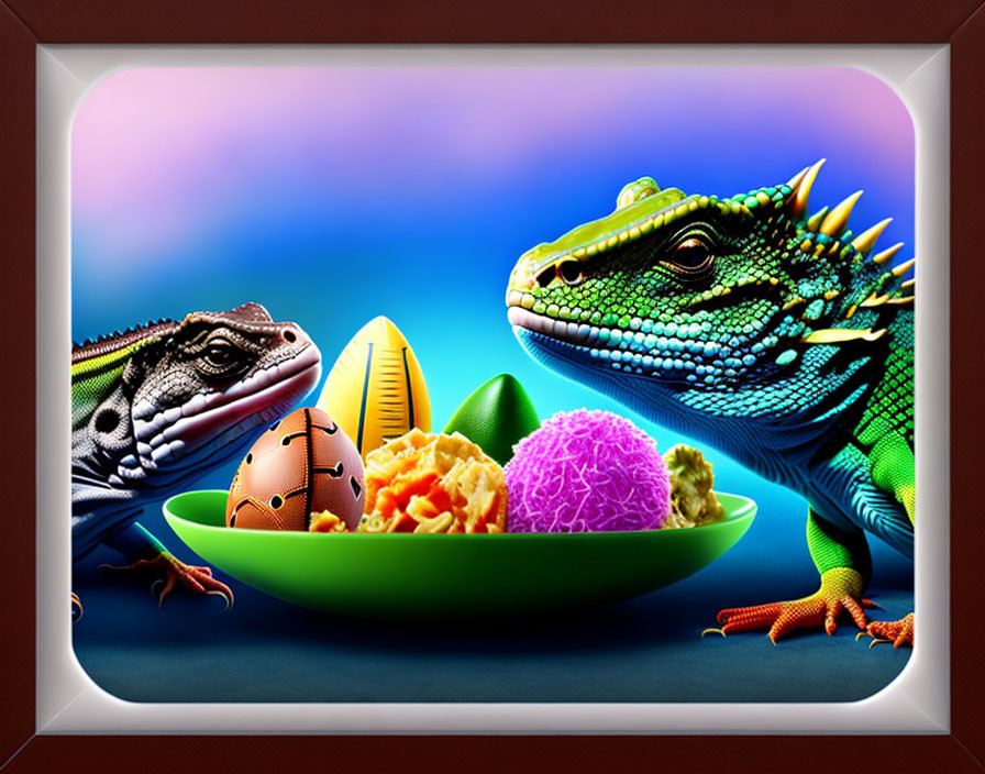 Vibrant iguanas with colorful Easter eggs on abstract background