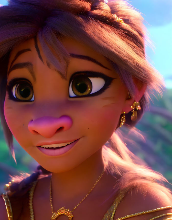 Smiling animated female character with brown eyes and nose ring in warm sunlight