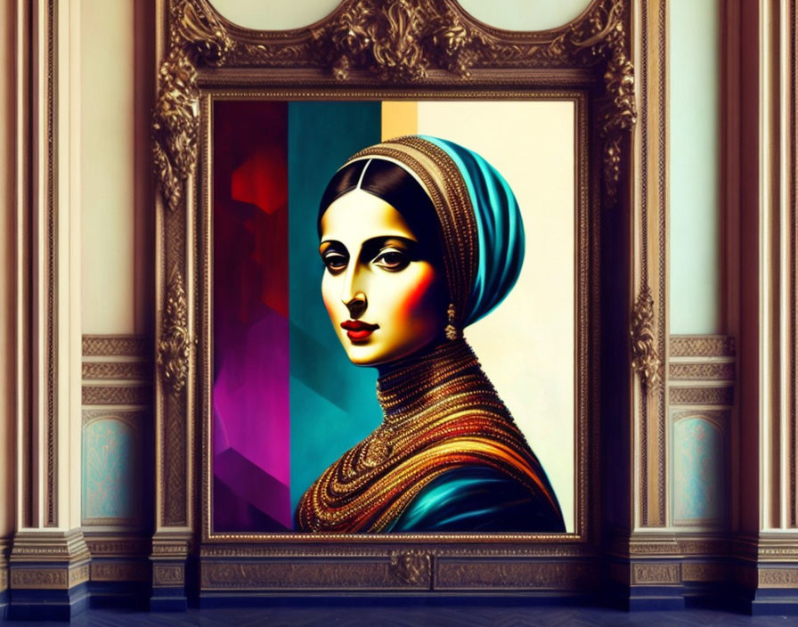 Traditional attire woman portrait in ornate frame against geometric background