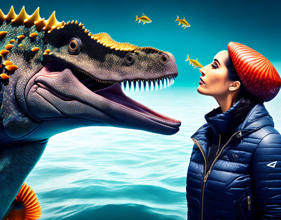 Surreal image: Woman in blue jacket with colorful dinosaur by ocean and flying fish