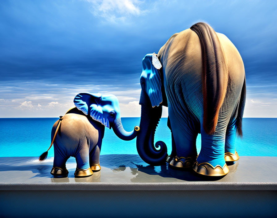 Stylized blue-glowing elephants on platform by calm sea