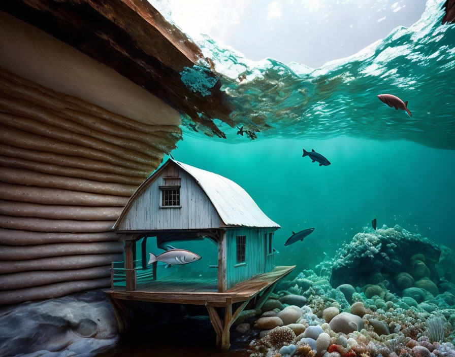 Surreal underwater scene with wooden house, coral, and fish