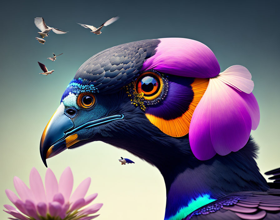 Vibrant bird digital artwork with colorful blend and floral details