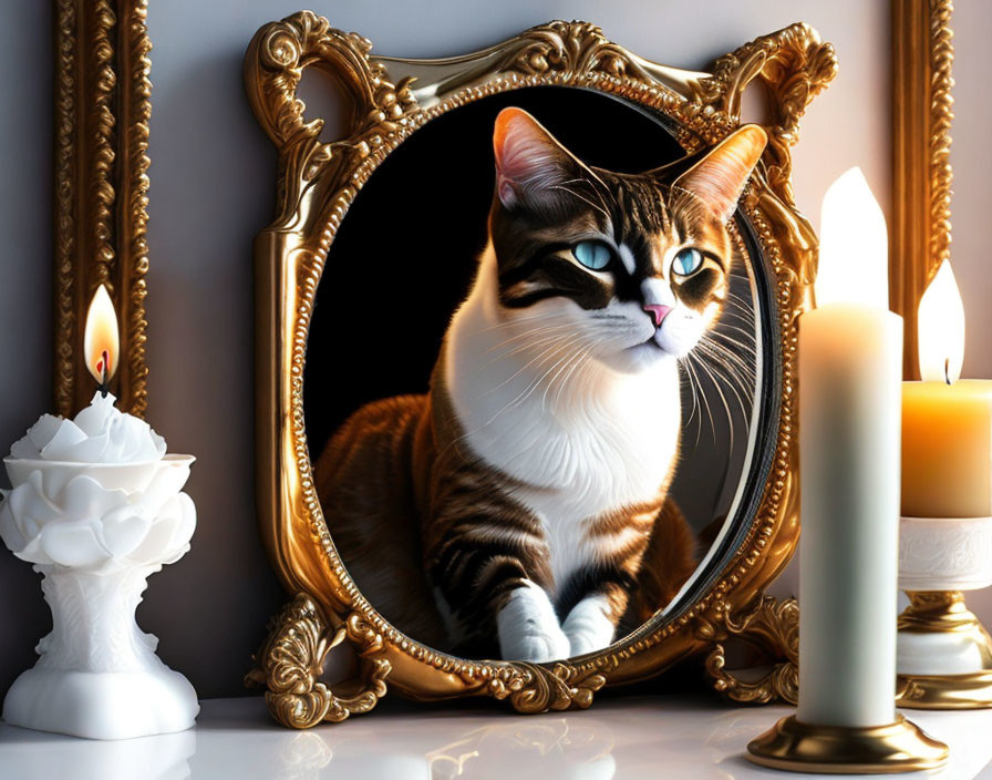 Candle holder in mirror with horrible cat 