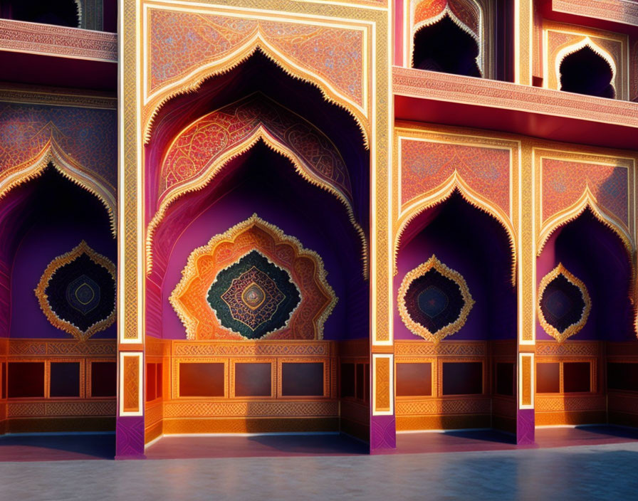 Colorful Islamic geometric patterns on ornate arched doorways