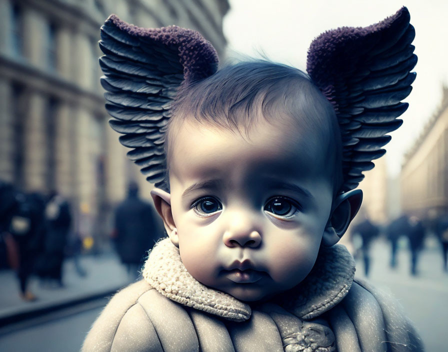 Baby with Big Eyes and Winged Ears in Surreal Street Scene