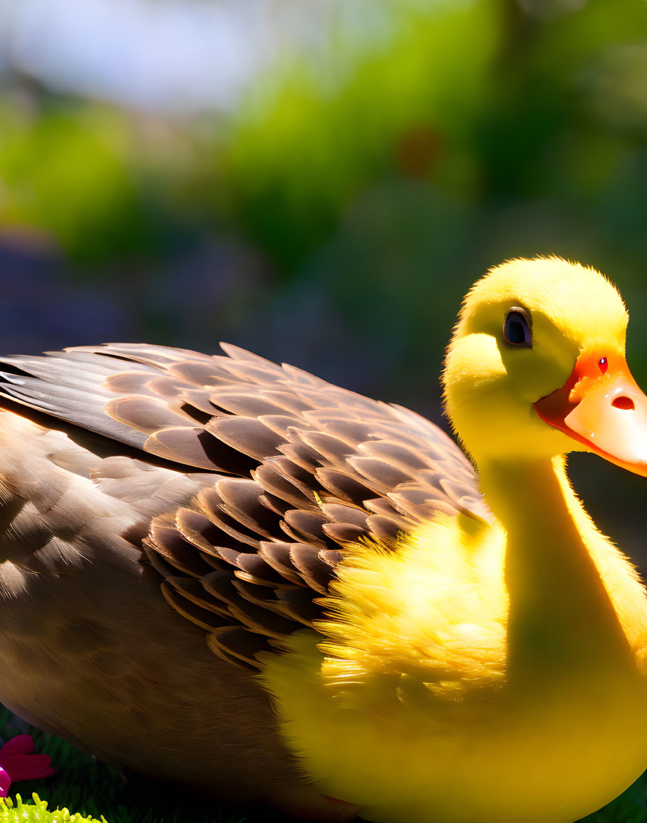 Vibrant yellow-faced duck in close-up with blurred green background