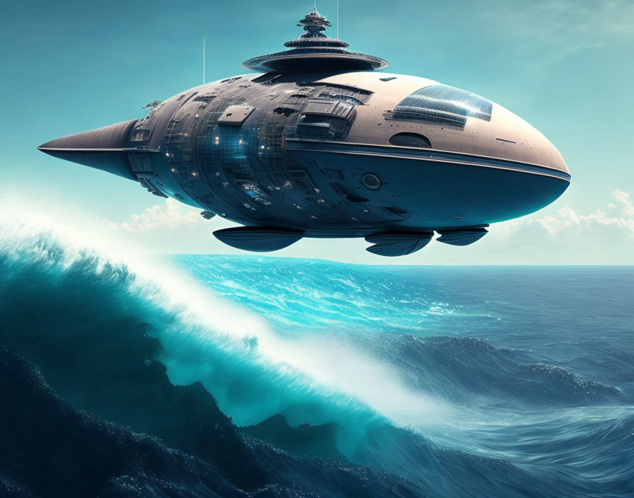 Futuristic spaceship over ocean waves under clear blue sky