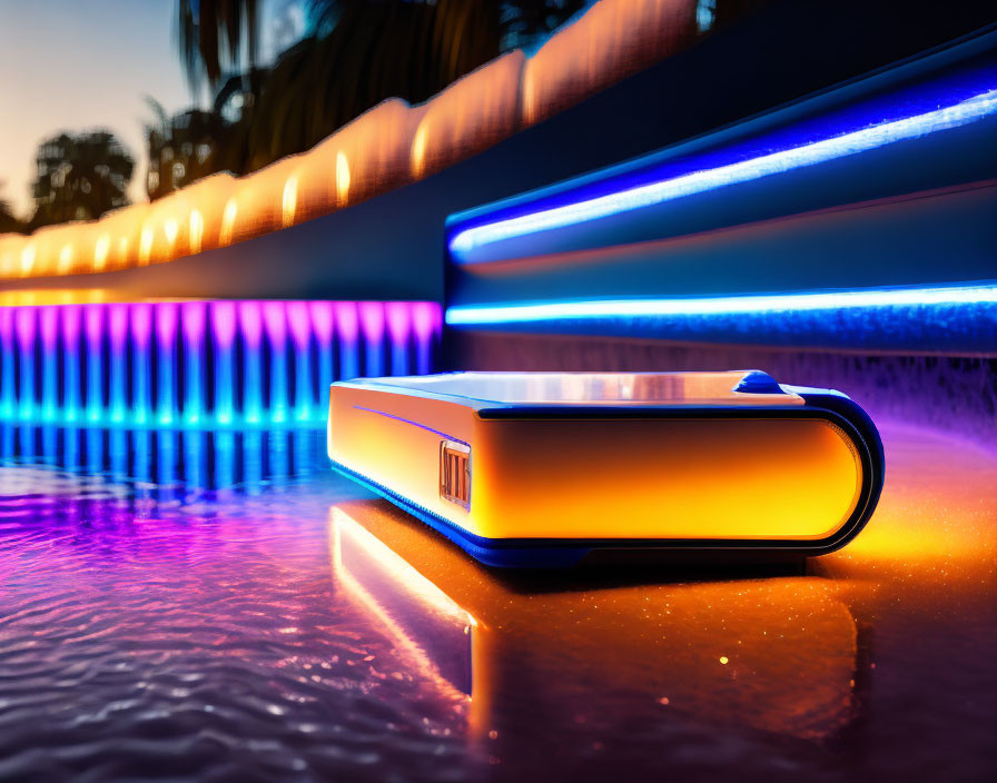 Neon-lit robotic vacuum on wet surface with LED lights and palm trees at dusk