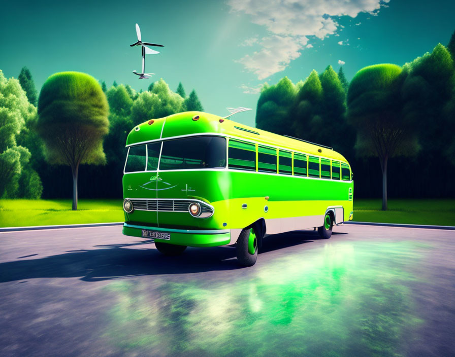 Vintage green bus on lush road with trees and seagull