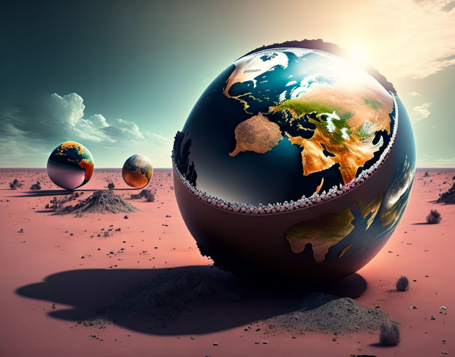 Surreal image of three spherical globes with Earth's geography in desert landscape