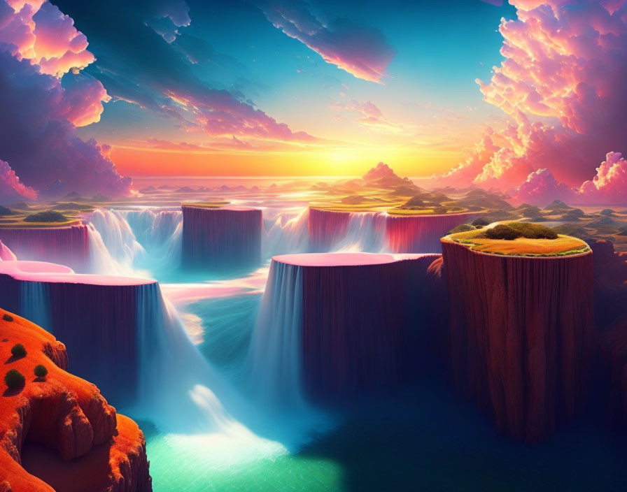 Colorful Sunset Sky Over Surreal Waterfall Landscape