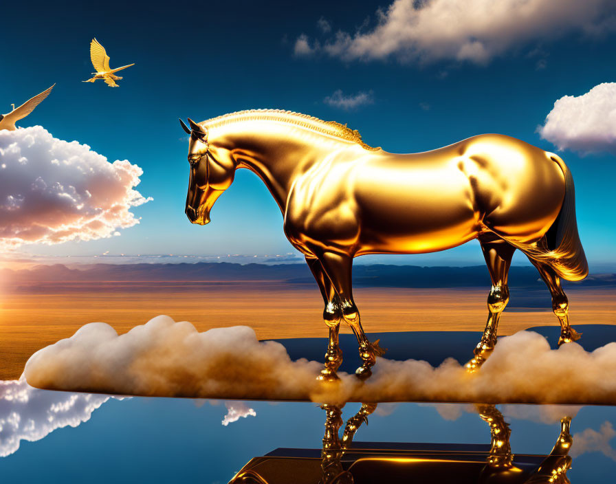 Golden unicorn on reflective clouds under blue sky with golden birds.