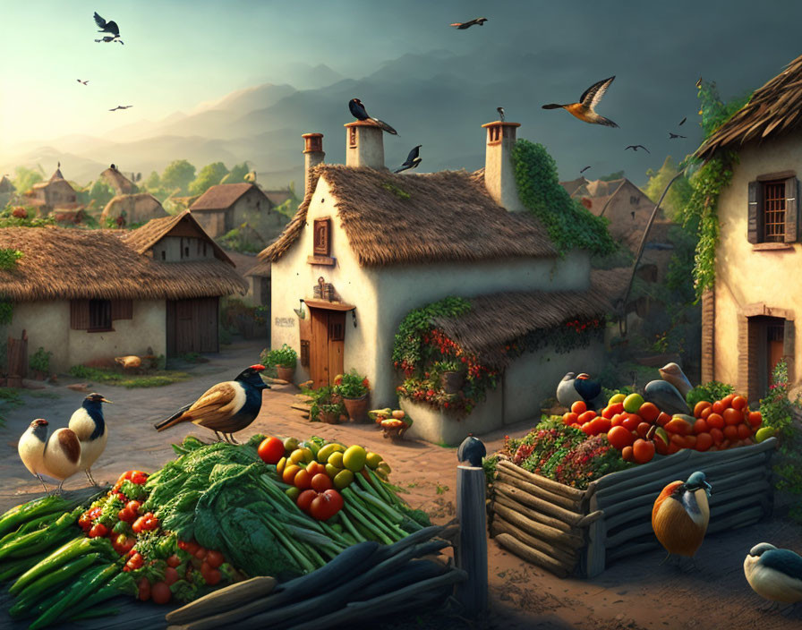 Birds and vegetables in rural village at dawn