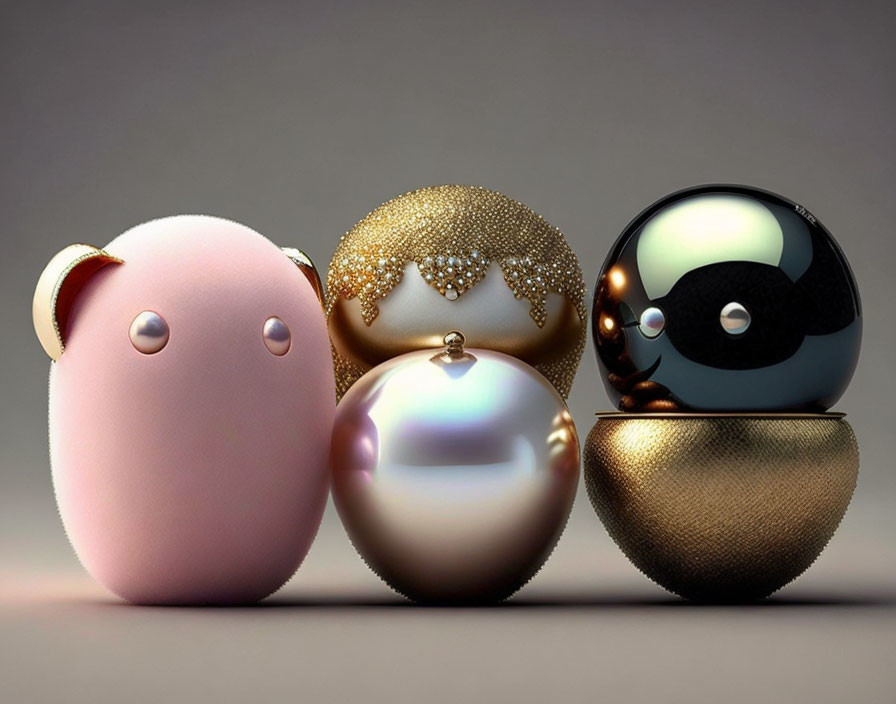 Four quirky, glossy spheres with facial features and embellishments