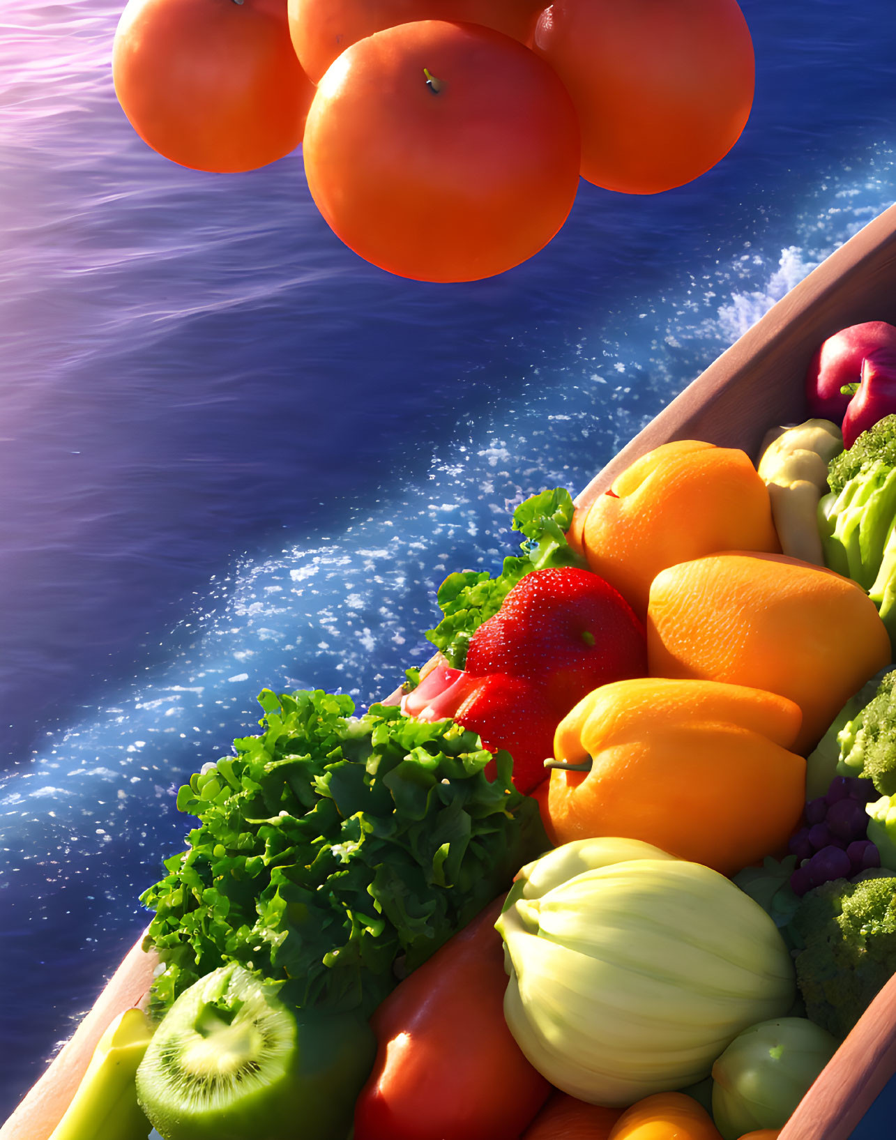 Assortment of Fresh Fruits and Vegetables in Wooden Boat on Blue Water