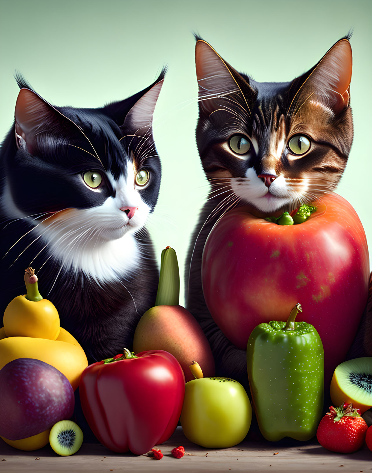 Two cats with unique markings surrounded by colorful fruits and vegetables.