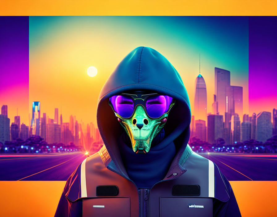 Digital artwork: Person in hoodie with skull mask and purple glasses, neon cityscape backdrop.