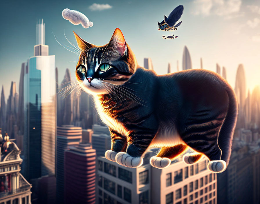 Enormous cat overlooks city at sunset with surreal sky and flying objects