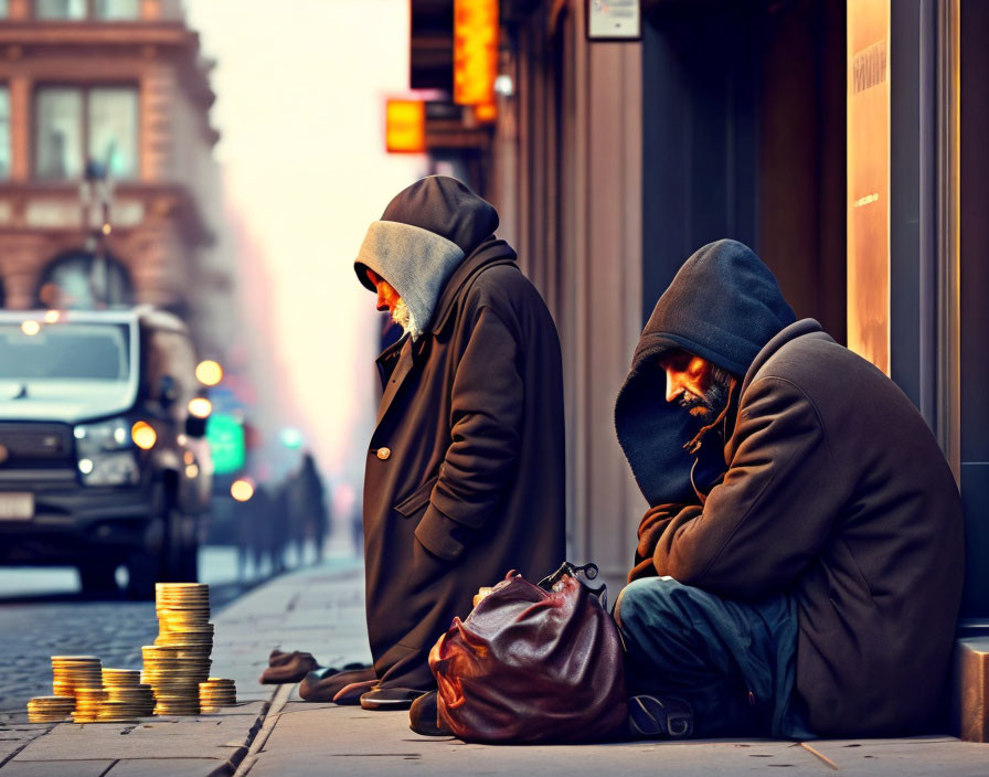 Two people in hoodies sitting on city sidewalk with coins and warm light.