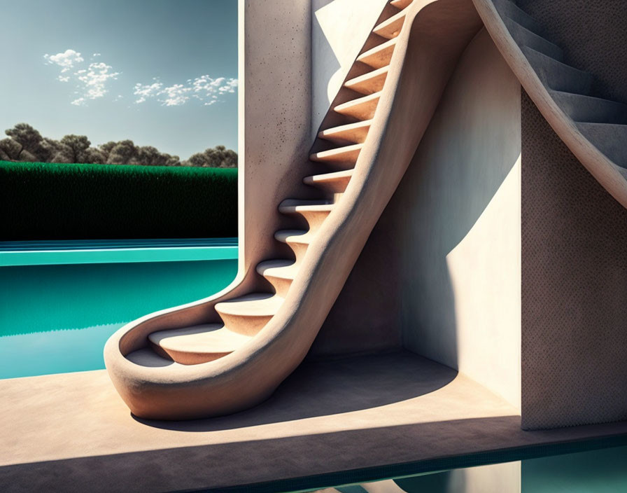 Surreal image of curving staircase by pool with trees and clear sky