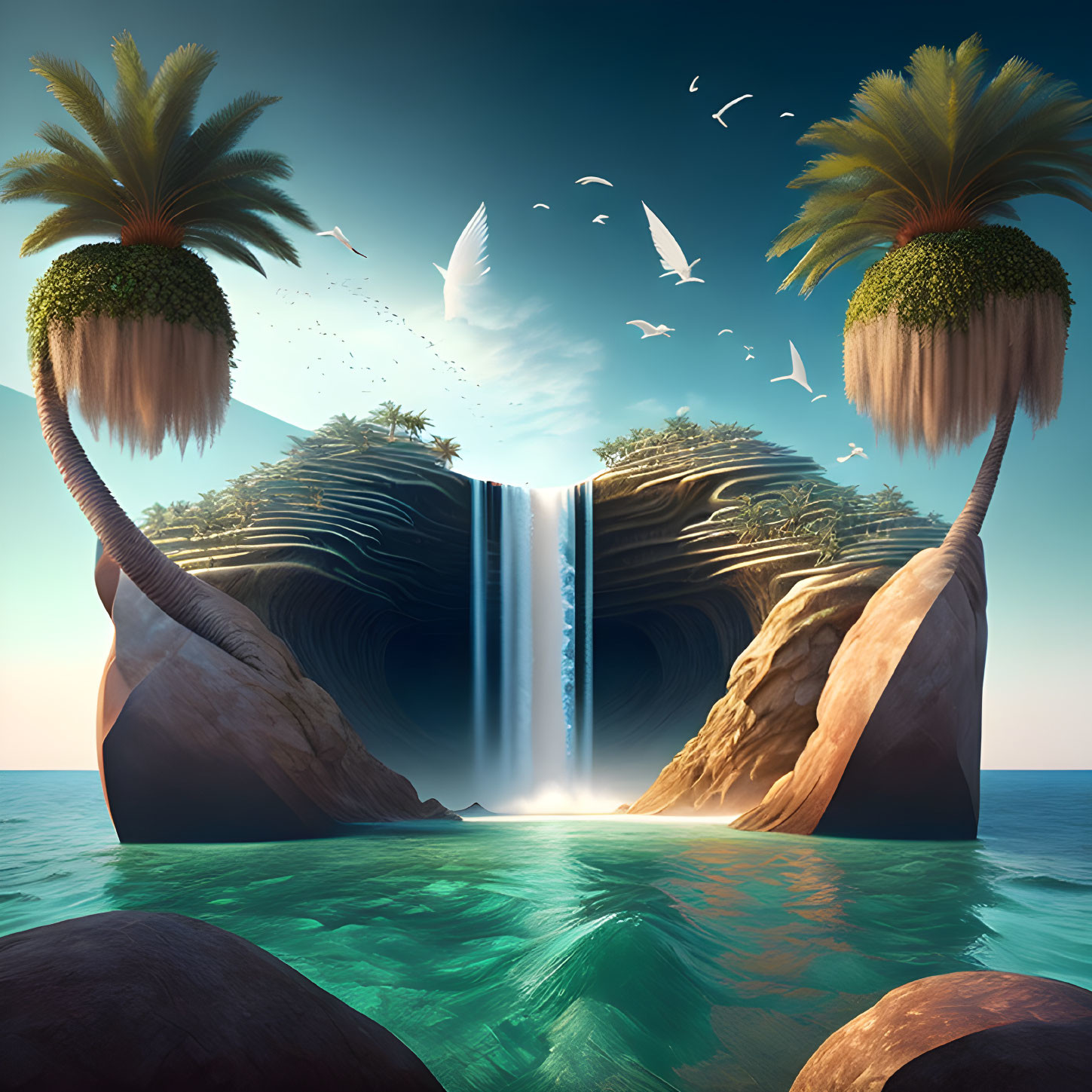 Tranquil fantasy landscape with twin palm trees, waterfall, sea, birds, and blue sky