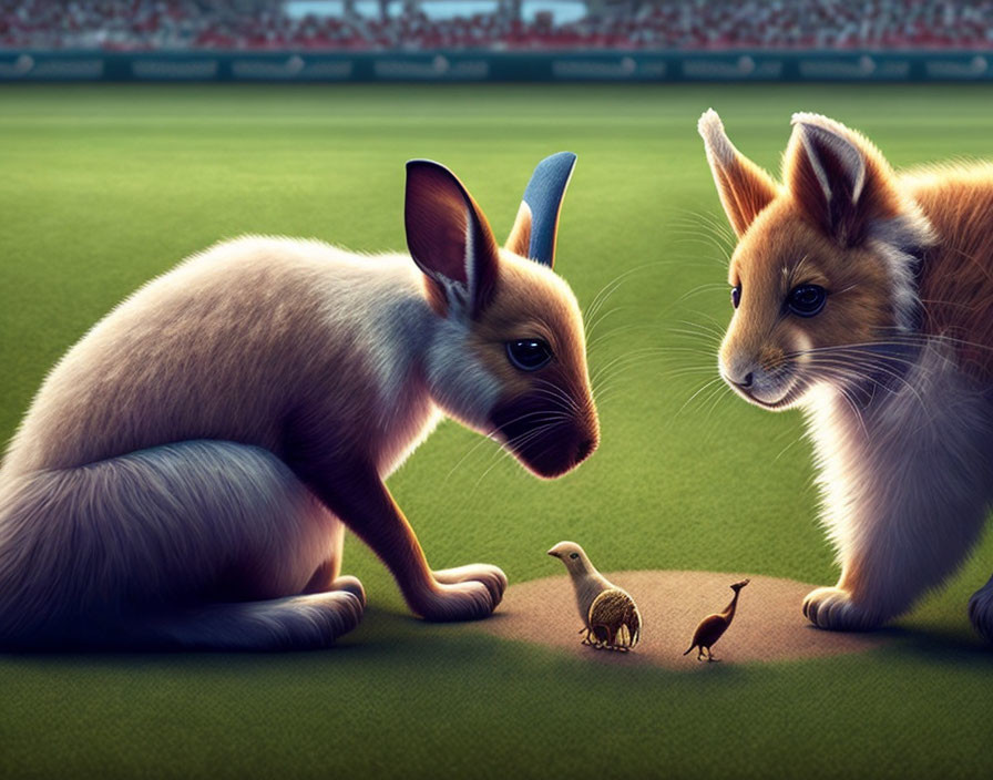 Stylized kangaroo and fox anthropomorphic animals watching birds in stadium grassy field