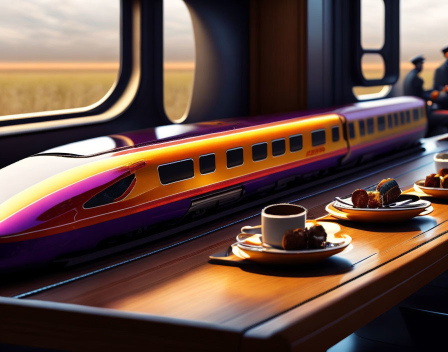 Luxurious Train Interior with Passing Train View and Coffee Table Scene