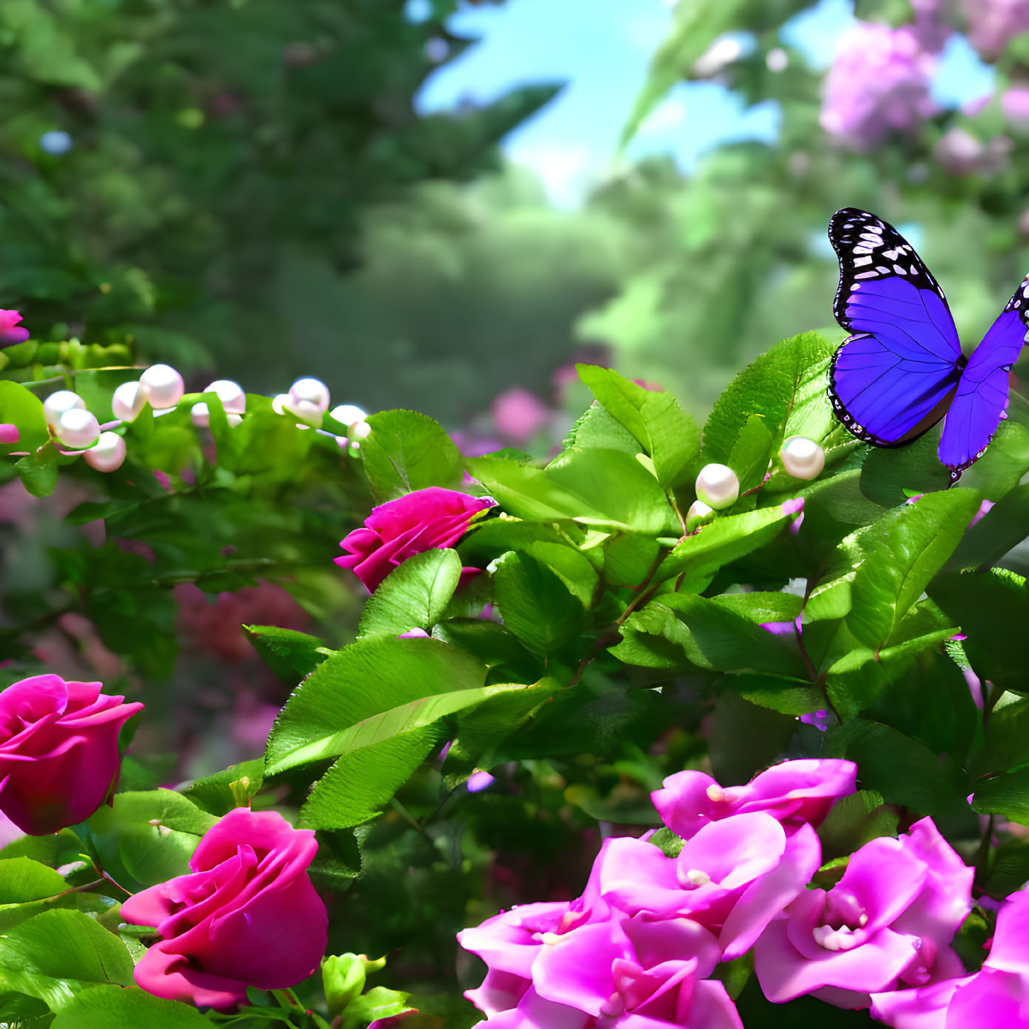 Colorful Butterfly on Green Foliage with Pink Roses and White Buds