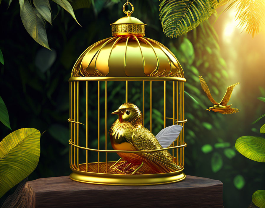 Intricate Golden Bird in Cage Surrounded by Lush Jungle Scene