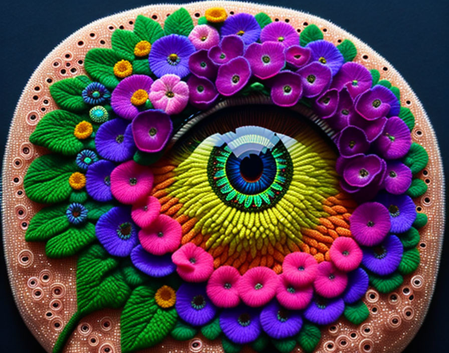 Colorful eye surrounded by textured flowers on black backdrop