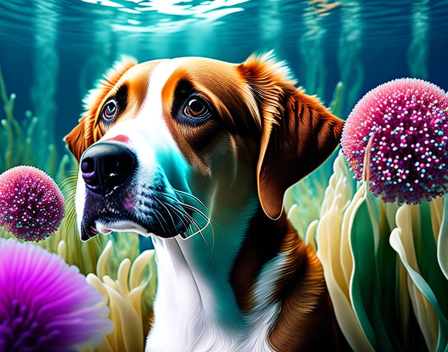 Colorful Dog Illustration Submerged in Vibrant Underwater Scene