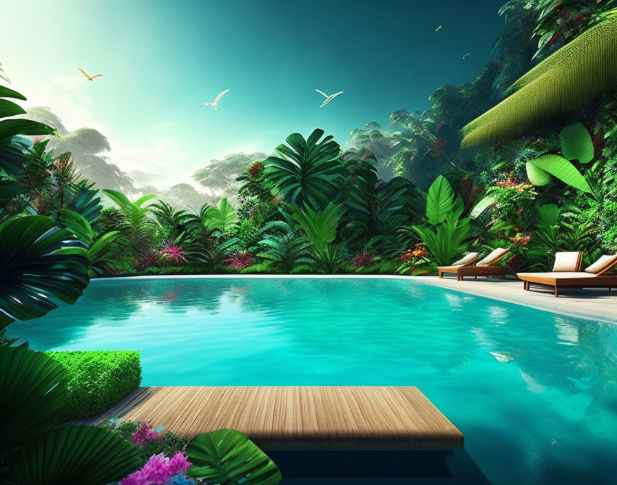 Tranquil pool with wooden deck, tropical foliage, blue sky, birds