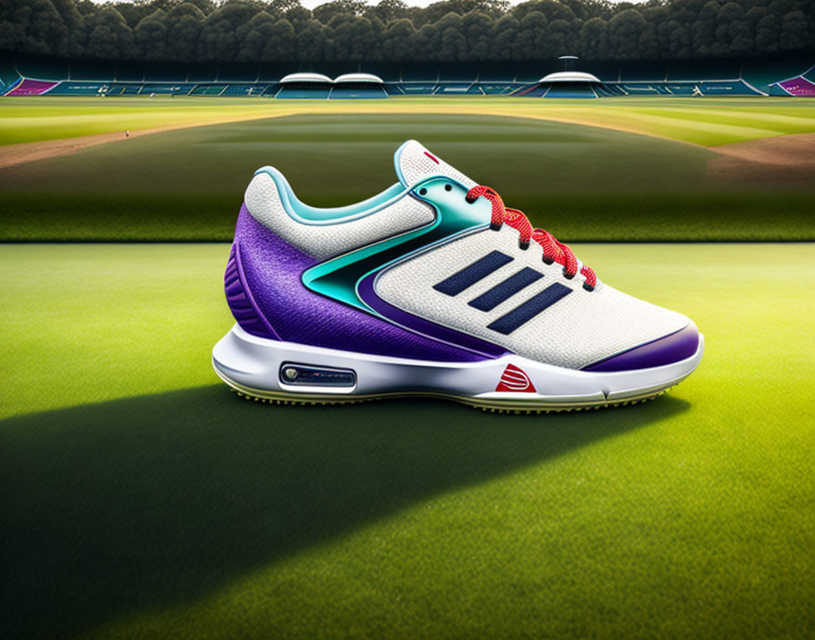 Sporty Sneaker in White, Purple, Green Hues on Cricket Field Background